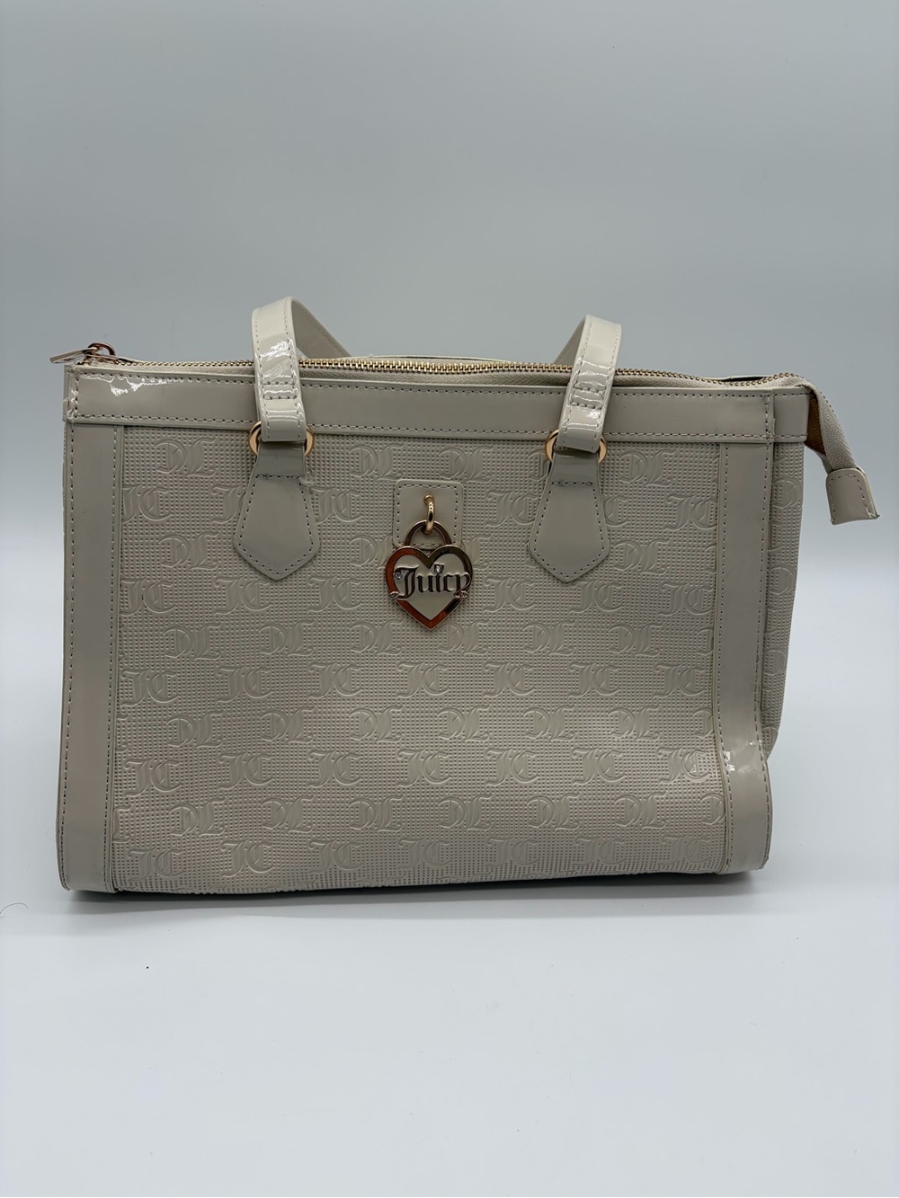 Juicy Couture Cream Monogram Embossed Tote w/ Gold Heart Charm
